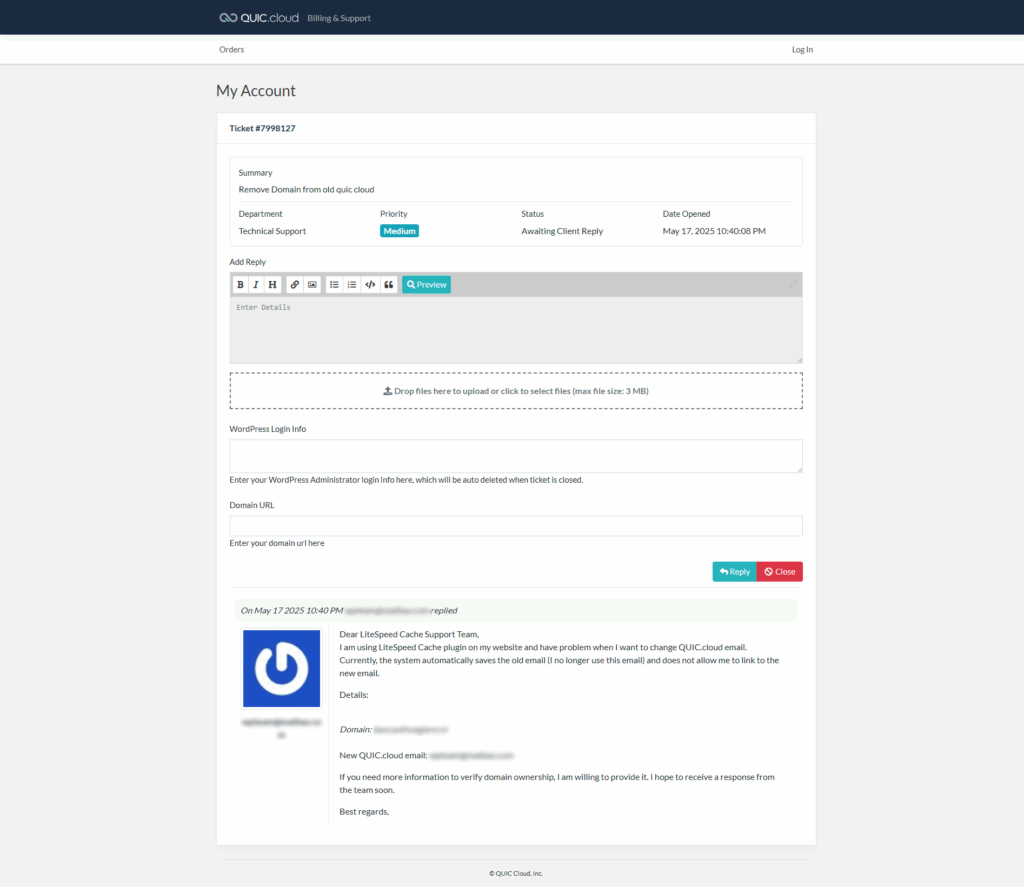 Thay đổi email quản lý tên miền trên Quic.Cloud 5 Giao diện ticket trên Quic.Cloud