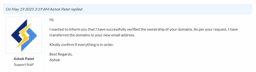 Thay đổi email quản lý tên miền trên Quic.Cloud 6 Phản hồi yêu xác nhận đã hỗ trợ hoạt tất trong ticket Quic.Cloud