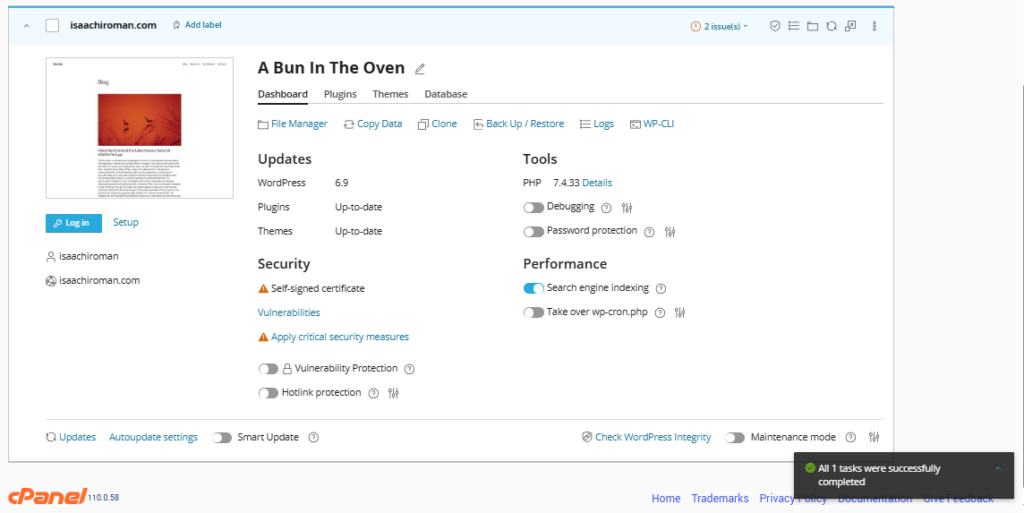 Giao diện cài đặt WordPress thành công của WordPress Toolkit
