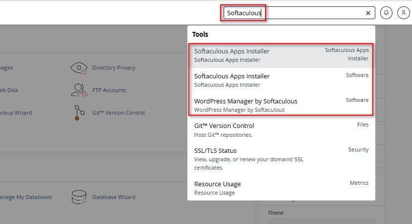 Tim kiếm công cụ Softaculous trên Cpanel