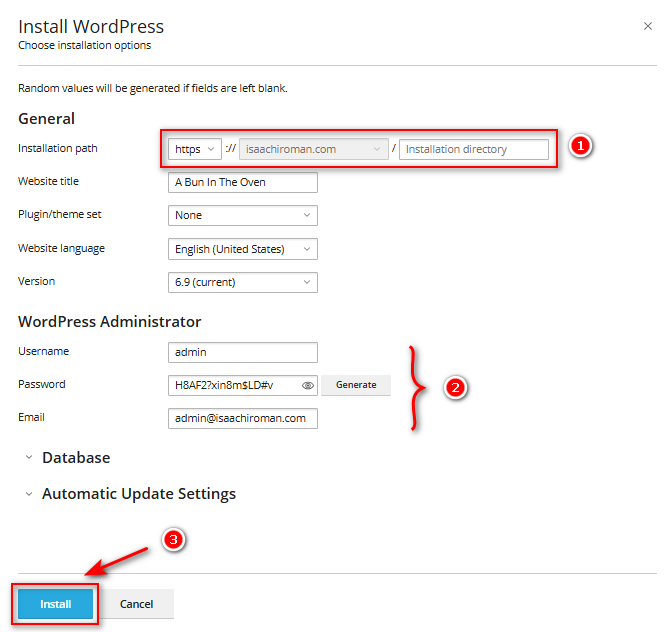 Điền thông tin chi tiết trong phần cài đặt WordPress của WordPress Toolkit
